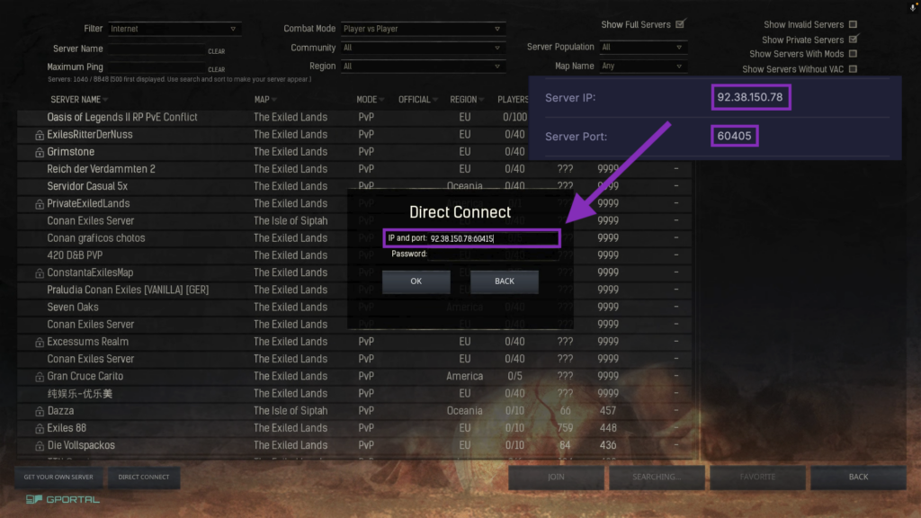 Conan Exiles Direct Connect window with the IP and port field filled.