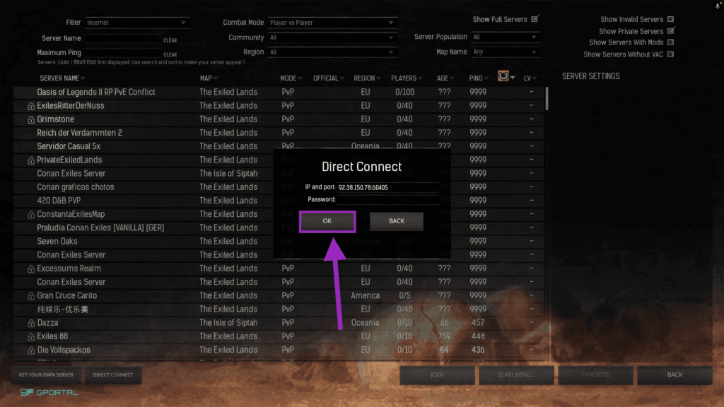 Conan Exiles Game with "OK" button highlighted