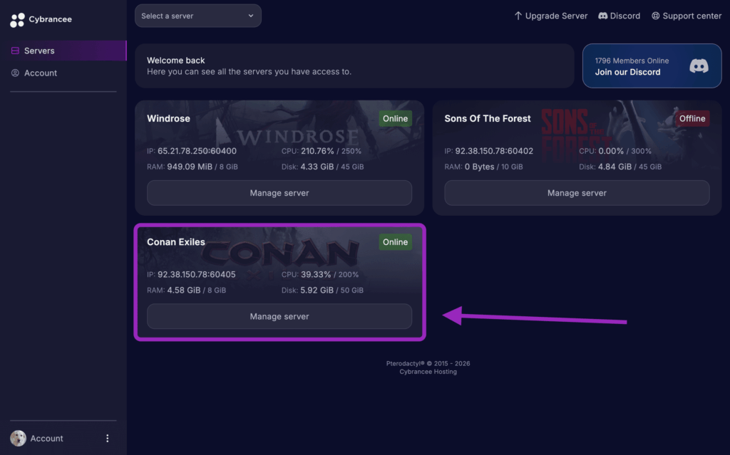 Cybrancee Servers page with the Conan Exiles server card highlighted.