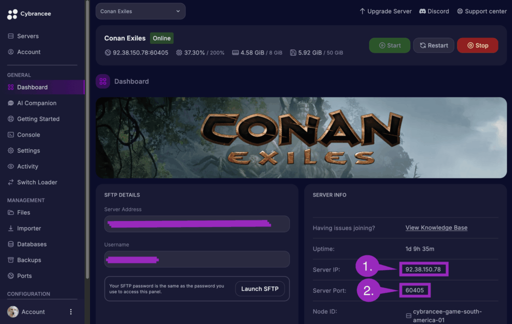 Cybrancee Panel Server Info section showing the IP and port for a Conan Exiles server.
