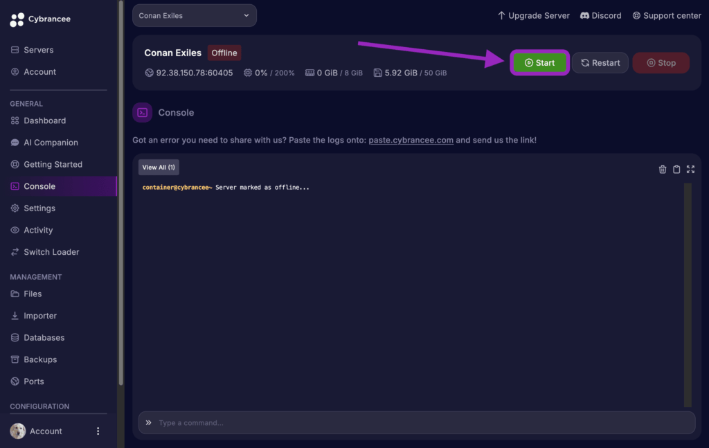 Cybrancee Panel Console view with the Start button highlighted for a Conan Exiles server.