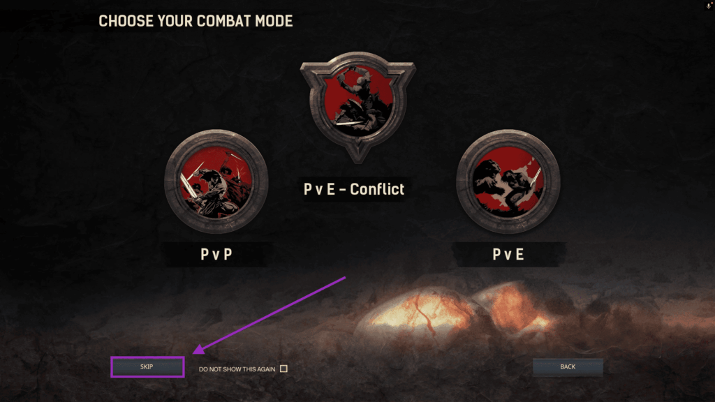 Conan Exiles combat mode selection screen with the Skip option highlighted.