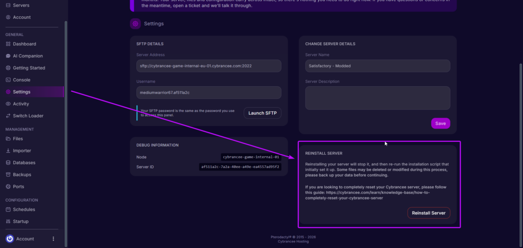 Satisfactory Settings Tab - Reinstall menu