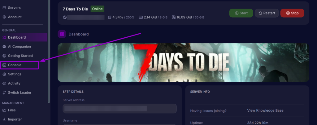 Cybrancee Panel 7 Days To Die Dashboard Console Outlined