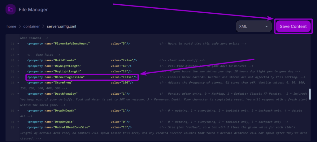 Cybrancee Panel 7 Days To Die Files Server Config Biome Progression Disabled And Save Button Outlined
