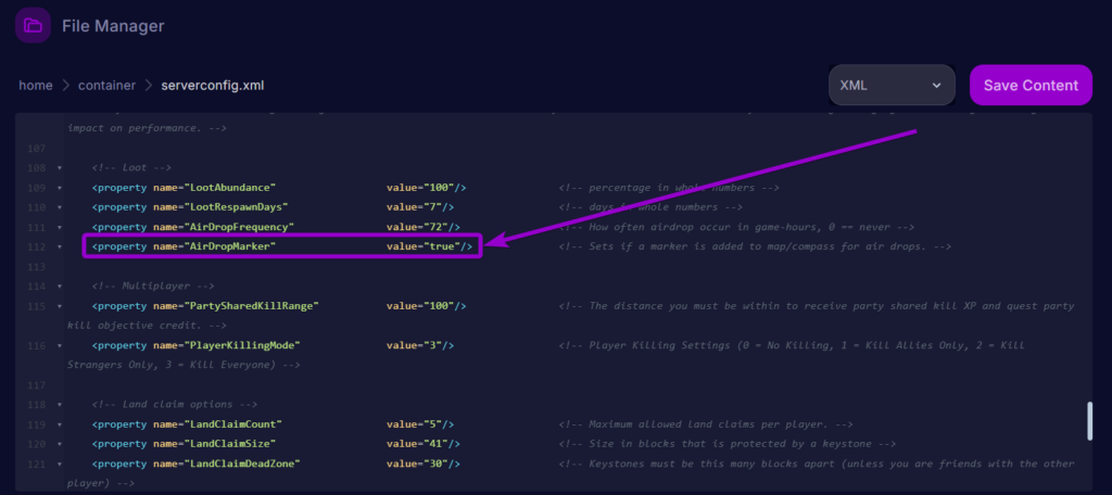 Cybrancee Panel 7 Days To Die Files Serverconfig Air Drop Marker Outlined
