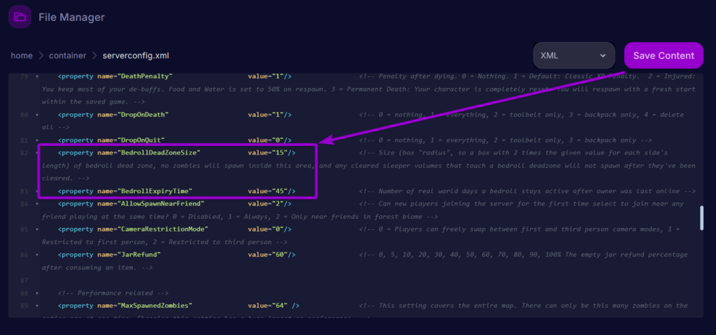 Cybrancee Panel 7 Days To Die Files Serverconfig Bed Roll Settings Outlined