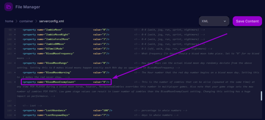 Cybrancee Panel 7 Days To Die Files Serverconfig Blood Moon Enemy Count Outlined