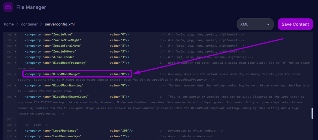 Cybrancee Panel 7 Days To Die Files Serverconfig Blood Moon Range Outlined