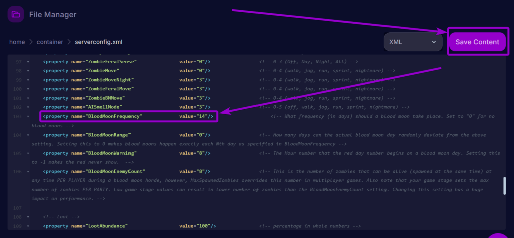 Cybrancee Panel 7 Days To Die Files Serverconfig Blood Moon Setting Outlined