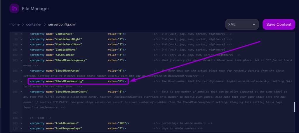 Cybrancee Panel 7 Days To Die Files Serverconfig Blood Warning Outlined