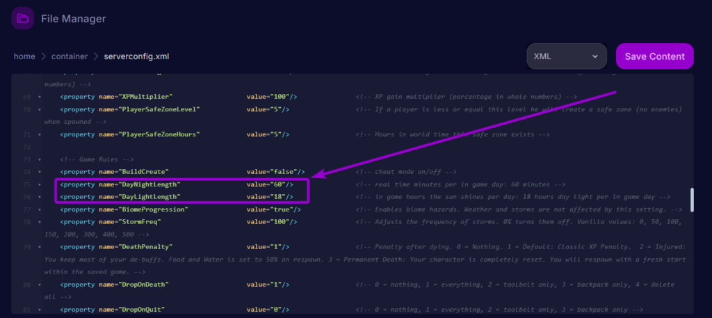 Cybrancee Panel 7 Days To Die Files Serverconfig Day And Night Length Settings Outlined