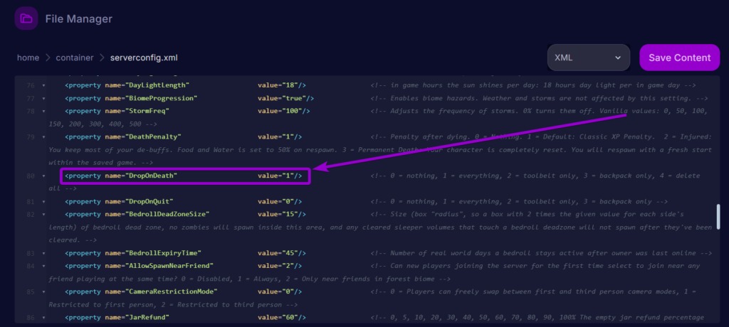 Cybrancee Panel 7 Days To Die Files Serverconfig Drop On Death Settings Outlined