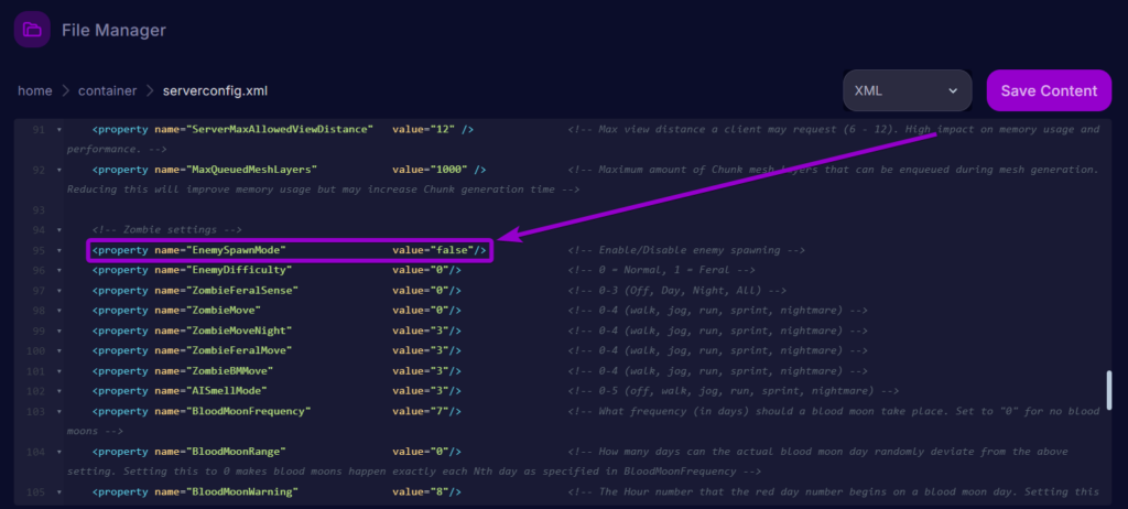 Cybrancee Panel 7 Days To Die Files Serverconfig Enemy Spawn Mode Outlined