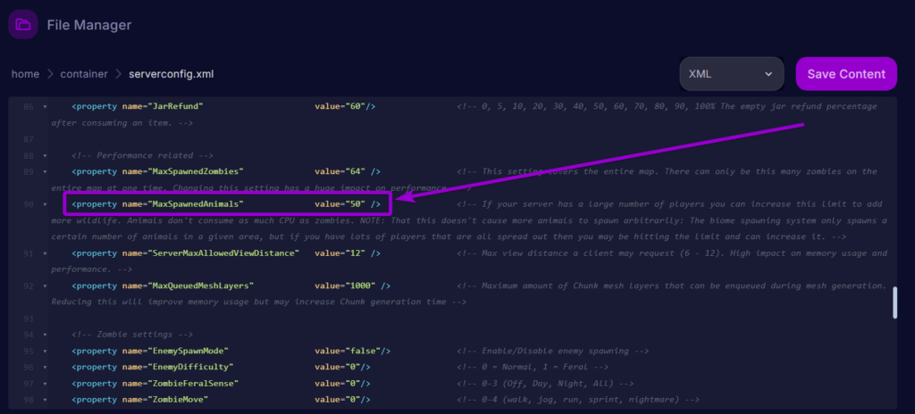 Cybrancee Panel 7 Days To Die Files Serverconfig Max Animals Spawn Outlined