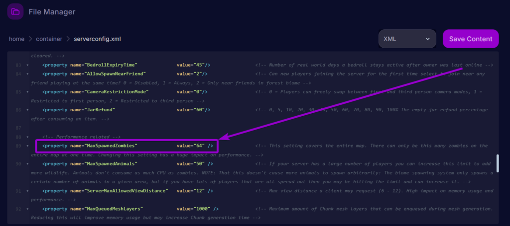 Cybrancee Panel 7 Days To Die Files Serverconfig Max Zombie Spawn Settings Outlined