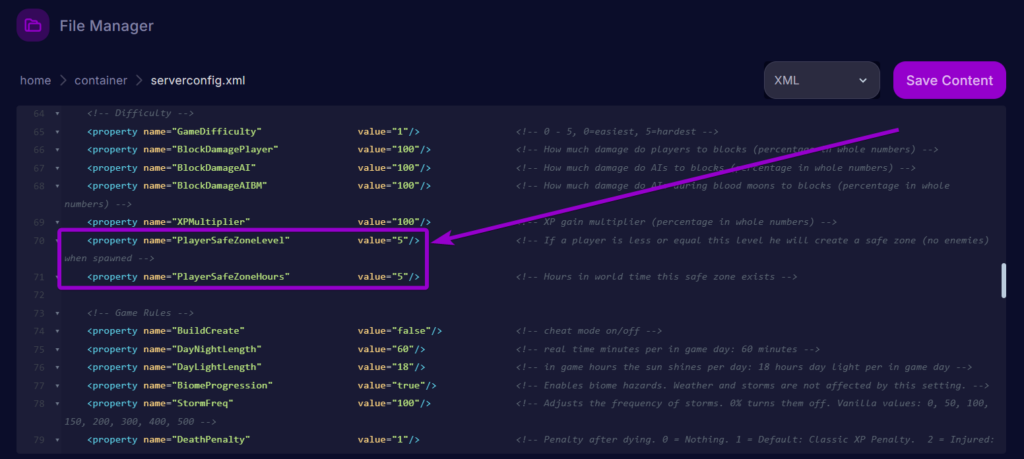 Cybrancee Panel 7 Days To Die Files Serverconfig Player Safe Zone Outlined