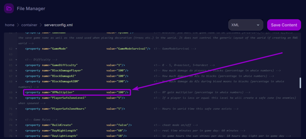 Cybrancee Panel 7 Days To Die Files Serverconfig XP Multiplier Settings Outlined