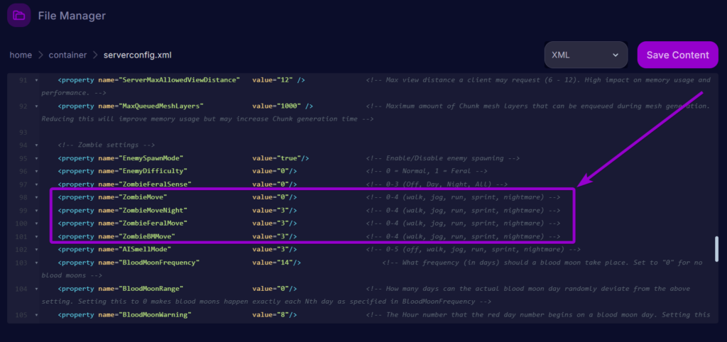 Cybrancee Panel 7 Days To Die Files Serverconfig Zombie Movement Settings Outlined