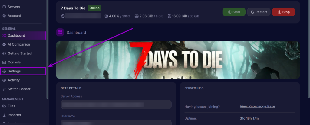 Cybrancee Panel 7 Days To Die Settings Tab Outlined