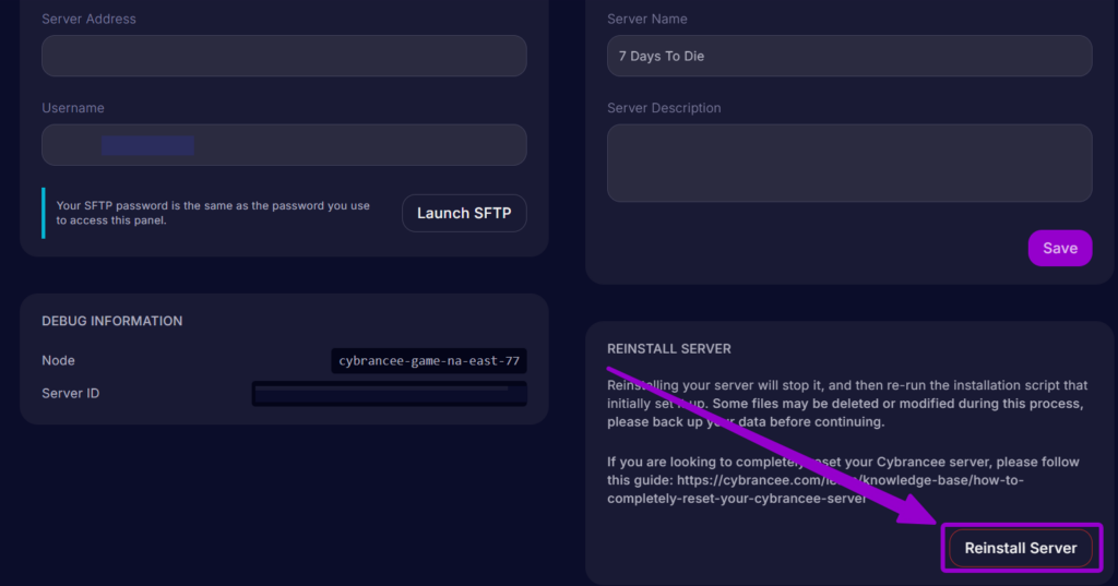 Cybrancee Panel 7 Days To Die Settings Tab Reinstall Server Button Outlined