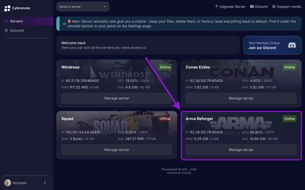 Cybrancee panel servers overview displaying multiple game servers including Arma Reforger