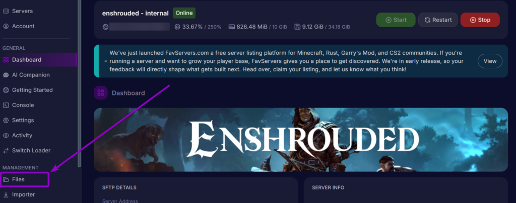 Cybrancee Panel Enshrouded Files Tab Outlined