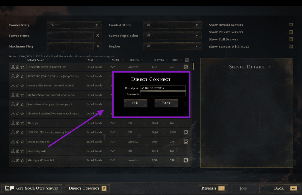 Conan Exiles Direct Connect popup box for entering the server IP, port, and password