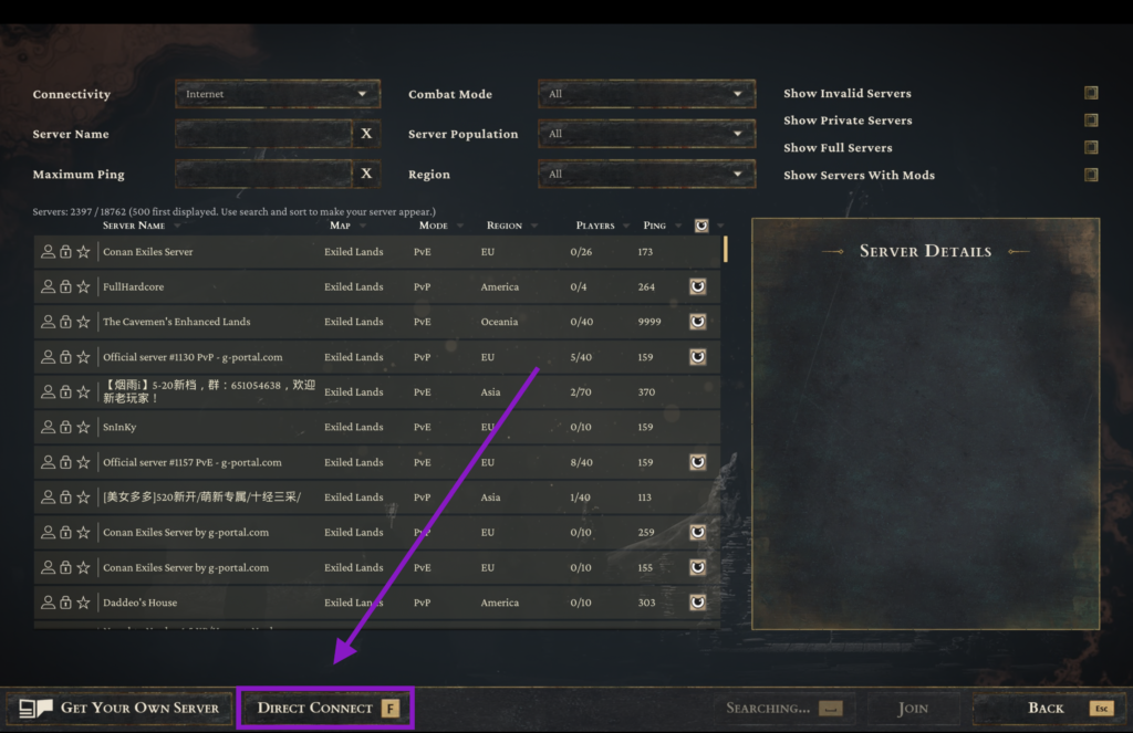 Conan Exiles server browser screen highlighting the Direct Connect button.