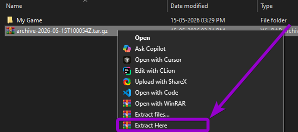 File Explorer Archived Save Game Extract Here Outlined