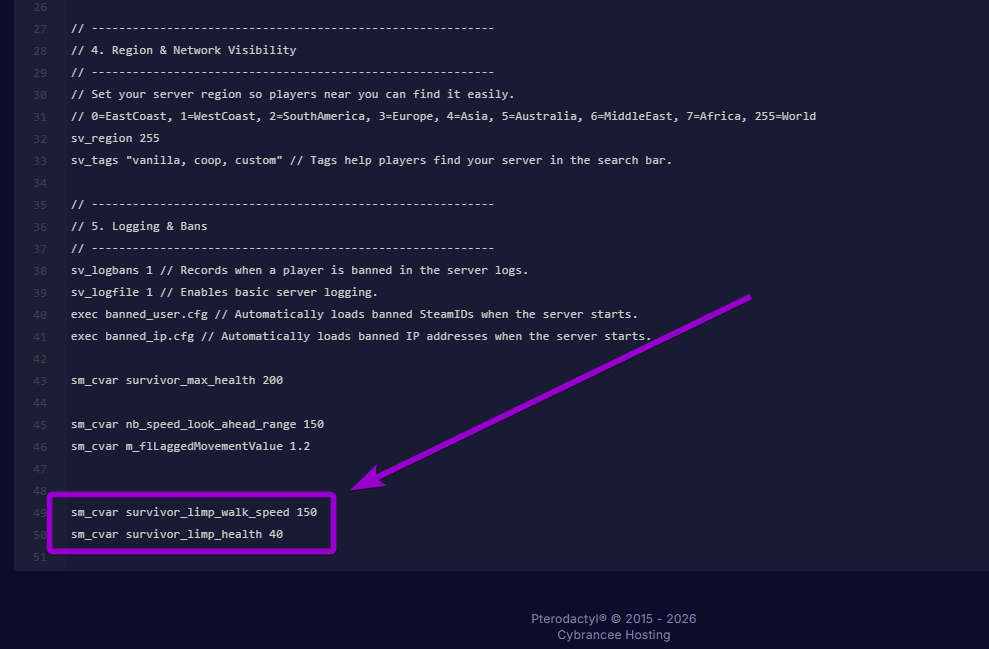 Adding the sm_cvar survivor_limp_walk_speed 150 and sm_cvar survivor_limp_health 40 commands to the server.cfg file