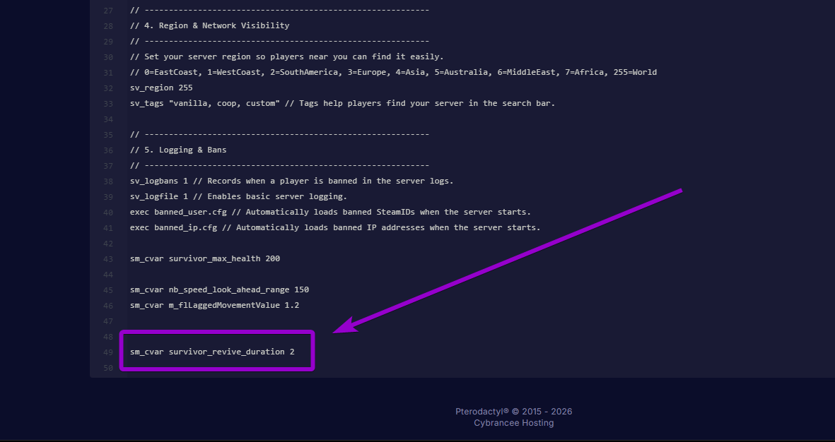 Adding the sm_cvar survivor_revive_duration 2 command to the server.cfg