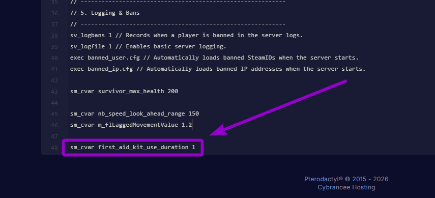 Adding the sm_cvar first_aid_kit_use_duration 1 command to the server.cfg file