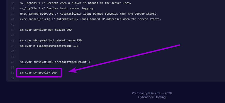 Adding the sm_cvar sv_gravity 200 command to the server.cfg