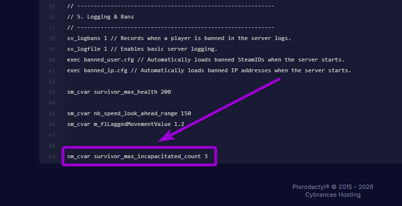 Adding the sm_cvar survivor_max_incapacitated_count 3 command to the server.cfg
