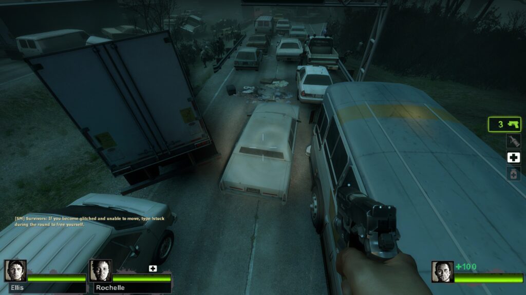 A first-person view of a Left 4 Dead 2 player floating high above a highway, demonstrating low server gravity