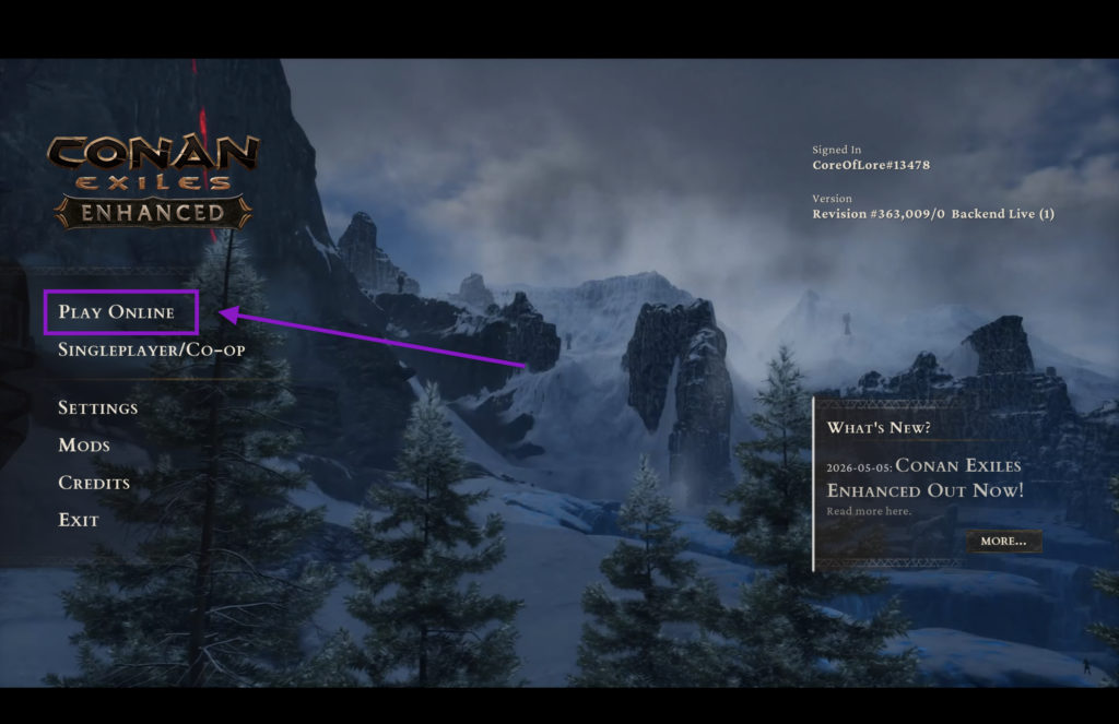 Conan Exiles main menu highlighting the Play Online button