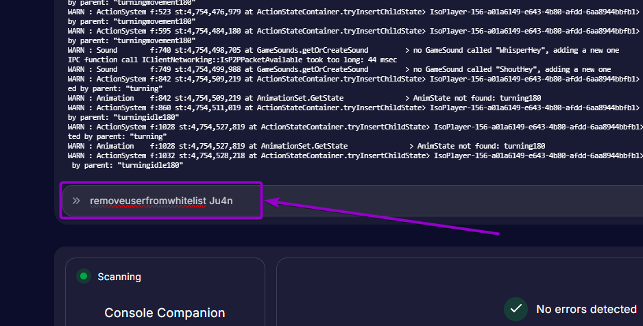 Project Zomboid - 'removeuserfromwhitelist' command outlined with arrow