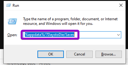 Run Dialoge Box With 7 Days To Die Saves Location Outlined