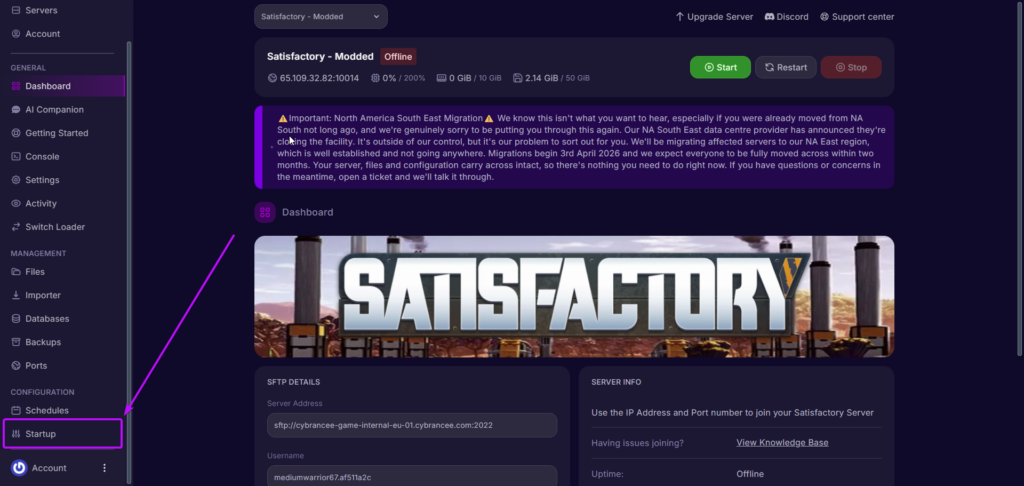 Cybrancee StartUp Tab Satisfactory