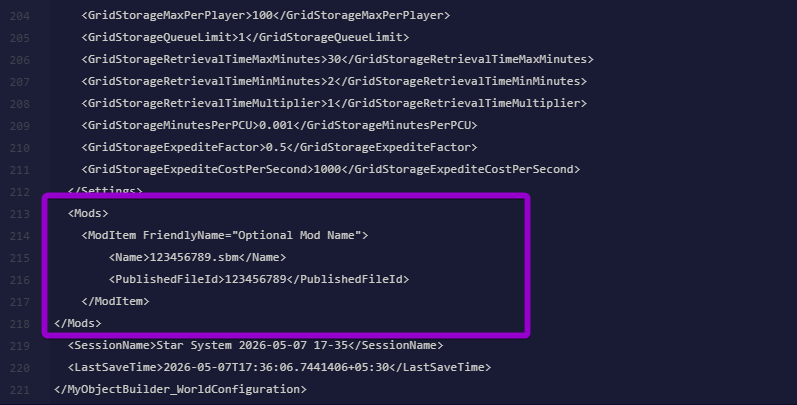 The Mods section highlighted in the Sandbox_config.sbc file