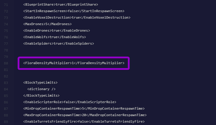 The FloraDensityMultiplier setting highlighted in the Sandbox_config.sbc file, showing a default value of 1