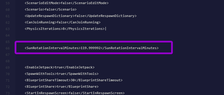 The SunRotationIntervalMinutes setting highlighted in the Sandbox_config.sbc file.