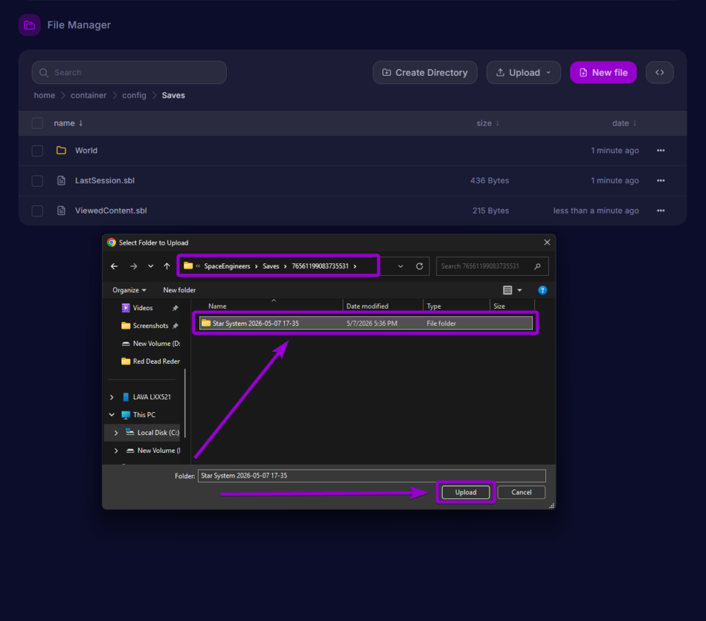 window used to select and upload the local "Star System" folder to the server panel.