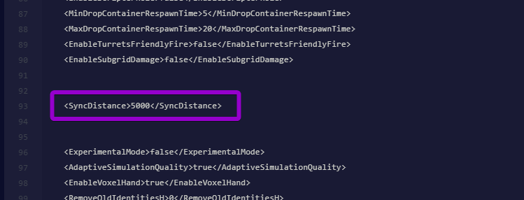 Locating and changing the SyncDistance setting in the SpaceEngineers-Dedicated.cfg file