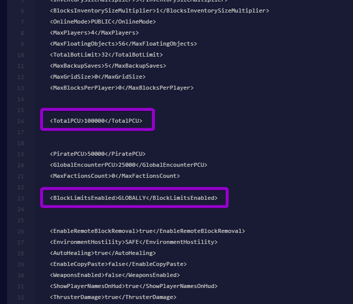 The TotalPCU and BlockLimitsEnabled settings highlighted in the Sandbox_config.sbc file.