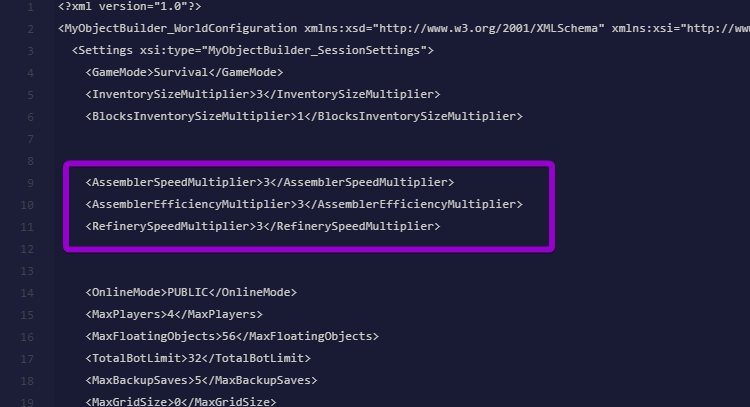 The AssemblerSpeed, AssemblerEfficiency, and RefinerySpeed multipliers highlighted in the Sandbox_config.sbc file.