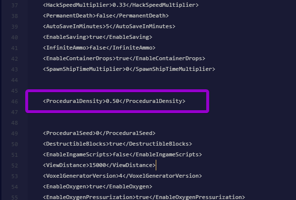 The ProceduralDensity setting highlighted in the Space Engineers Sandbox_config.sbc file, showing a value of 0.50