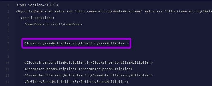 The player inventory size multiplier setting in the configuration file.