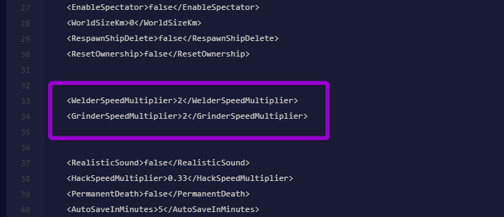 The WelderSpeedMultiplier and GrinderSpeedMultiplier settings highlighted in the Sandbox_config.sbc file.